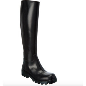 Bottega Veneta Strut Leather Knee High Boots Black Chunky Rubber Lug Sole 38.5